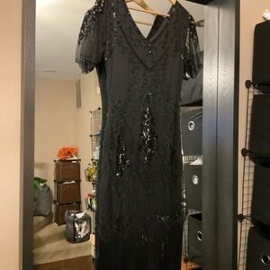 (Lori) Elegant Black V-Neck Puff Sleeve Cocktail Dress